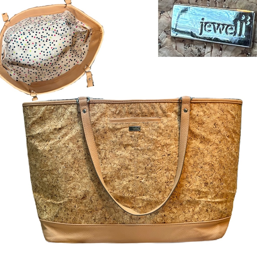 Thirty-One Jewell Style Setter Tote bag in cork material with tan accents.